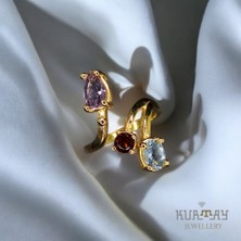 KURTAY JEWELLERY Amethyst Garnet Blue Topaz Taşlı 22K Altın Kaplama Gümüş Yüzük