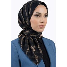 Hadiora Kadın Siyah Zincir  Desenli Pamuklu Flamlı Eşarp