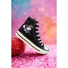 Ymn Ayakkabı Kuromi Baskılı, Pembe Bağcıklı, Siyah Bilekli Spor Ayakkabı Çocuk Sneaker