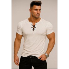 By Bülent Özel Üretim Beyaz Ipli Yaka Dar Kesim Kısa Kollu Geniş Yaka Bisiklet Yaka Tişört Tshirt