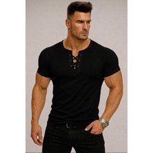 By Bülent Bybülent Özel Üretim Siyah Ipli Yaka Geniş Yaka Kısa kollu Bisiklet Yaka Tişört Tshirt