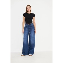 Akabi Online Orta Bel Baggy Model Geniş Paça Kadın Kot Pantolon Lacivert