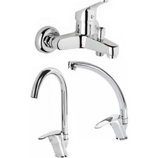 Kustar Krom Mix 3'lü Banyo Batarya Seti Duş Mutfak Lavabo Bataryası