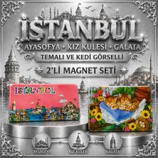 Istanbul Ayasofya Kız Kulesi Galata Temalı ve Kedi Görselli 2’li Magnet Seti