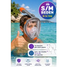 Turuncu Gri Full Face Şnorkel Maske S/m Beden 8-14 Yaş Çocuk Tam Yüz Dalış Seti Katlanabilir