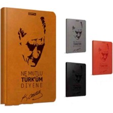 Gıpta Mustafa Kemal Atatürk - Ne Mutlu Türküm Diyene-Iplik Dikiş Sert Kapak Deri Defter 13X21 120 Yaprak Çizgiliajanda - Siyah Renk -  Lastik Kalemlik