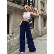 Mamayaga Kadın Yüksek Bel Kuşaklı %100 Viscose Pamuk Geniş Paça Şık Casual Büyük Beden Curve Pantolon