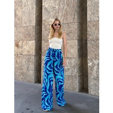 Mamayaga Kadın Yüksek Bel Kuşaklı Desenli %100 Viscose Pamuk Geniş Paça Şık Casual Büyük Beden Curve Pantolon