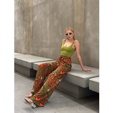 Mamayaga Kadın Yüksek Bel Kuşaklı Desenli %100 Viscose Pamuk Geniş Paça Şık Casual Büyük Beden Curve Pantolon