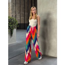 Mamayaga Kadın Yüksek Bel Kuşaklı Desenli %100 Viscose Pamuk Geniş Paça Şık Casual Büyük Beden Curve Pantolon