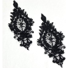 Siyah Boncuk ve Pul Işlemeli / Güpür Dantel Aplike / 2\'li Set / DF373