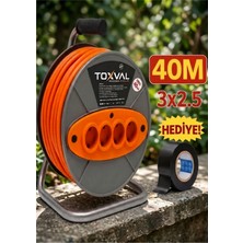 Toxval 3 x 2,5 40 M Sertifikalı Makaralı Seyyar Uzatma Kablosu 4 Prizli ( Dörtlü )