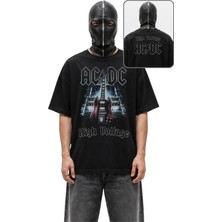 Fuddy Moda Unisex Oversize Ac-Dc High Voltage Guitar Ense Baskılı Rock Band Temalı Bisiklet Yaka Tişört