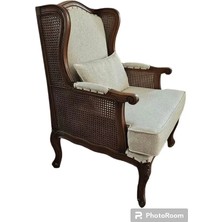 Hasağaç Grande Berjer Oymalı Koyu Ceviz Ahşap Rattan Detaylı Krem Kumaş Tekli Koltuk