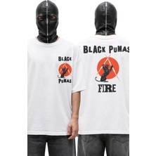 Fuddy Moda Unisex Black Pumas Fire Sırt Baskılı Tişört, Oversize Rock Band Temalı Bisiklet Yaka T-Shirt