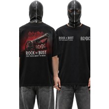 Fuddy Moda Unisex Ac-Dc Rock Or Bust Sırt Baskılı Tişört, Oversize Rock Band Temalı Bisiklet Yaka T-Shirt