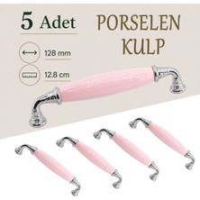 Badem10 (5 Adet) Afrod Pembe Porselen Krom Kulp 128 mm 12.8 cm Mobilya Çekmece Dolabı Dolap Kapak Kulb Kulpu