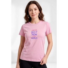 Hoxie Kadın Açık Pembe "best Mom" Slogan Baskılı Bisiklet Yaka Regular Fit Tişört