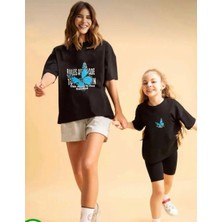 Nigrum Pardus Nıgrum Pardus Özel Seri Mavi Kelebek Baskılı %100 Pamuk Anne-Çocuk T-Shirt