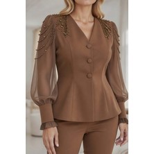 Zishan Fashion Beyaz Inci Boncuk Işlemeli Şifon Kol Premium Ikili Takım - Bluz Pantolon Seti 35026