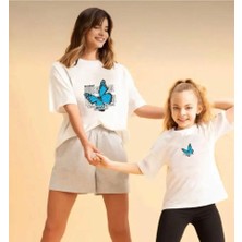 Nigrum Pardus Nıgrum Pardus Özel Seri Mavi Kelebek Baskılı %100 Pamuk Anne-Çocuk T-Shirt