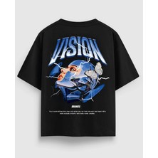 Vısıon Tasarım Baskılı Siyah Oversize Tişört %100 Pamuk Unisex Premium Streetwear