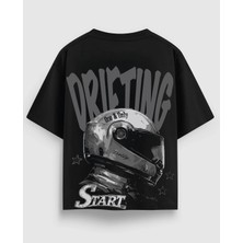 Drifting Racing Baskılı Oversize Tişört %100 Pamuk Streetwear Unisex