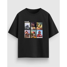 Mood Maymun Grafik Baskılı Oversize Siyah Beyaztişört %100 Pamuk Unisex Streetwear