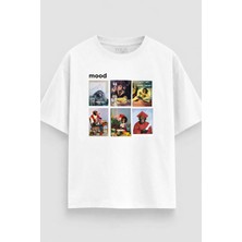 Mood Maymun Grafik Baskılı Oversize Siyah Beyaztişört %100 Pamuk Unisex Streetwear