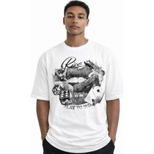 Beyaz Oversize Baskılı Erkek Tişörtü