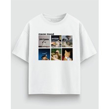 Meow Mood Kedi Grafik Baskılı Oversize Tişört %100 Pamuk Unisex Streetwear