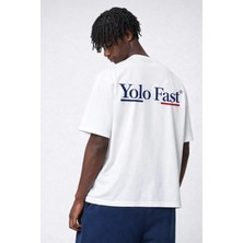 Erkek Beyaz Oversize Tişört %100 Pamuk Yolo Fast Baskılı Streetwear Unisex Basic