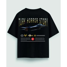 Oversize Siyah Tişört Sırt Baskılı F-16 Jet Tasarım %100 Pamuk Unisex Streetwear