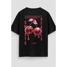 Kuru Kafa Kiraz Baskılı Oversize Beyaz Tişört %100 Pamuk Unisex Streetwear Sırt Baskı