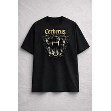 Cerberus Baskılı Oversize Siyah Tişört %100 Pamuk Unisex Streetwear