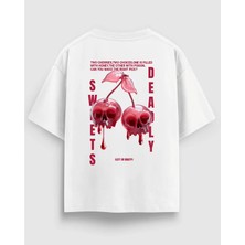 Kuru Kafa Kiraz Baskılı Oversize Beyaz Tişört %100 Pamuk Unisex Streetwear Sırt Baskı