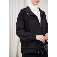 Moda Morfo Beli Bağcıklı Kolu Lastikli Önü Fermuarlı Paraşüt Detaylı Penye Takım -Siyah