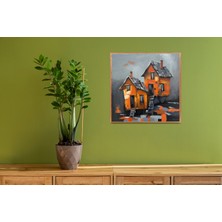 Galeri Mavi Turuncu Evler – Imzalı Özgün Akrilik Tablo 40X40 cm Vernikli Çerçeveli Modern Duvar Tablosu