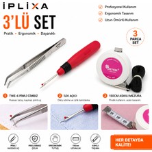 İplixa Iplixa 3’lü Dikiş Seti (Kırmızı / Mavi) – Twe-6 Cımbız + Iplik Sökücü Ilik Açıcı + 150 cm Askılı Mezura | Profesyonel Terzi Seti