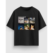 Meow Mood Kedi Grafik Baskılı Oversize Tişört %100 Pamuk Unisex Streetwear