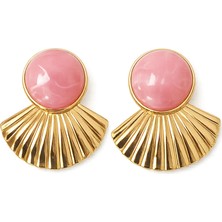Nergis Collection Pembe Taşlı Gold Yelpaze Küpe – Vintage Şık Büyük Boy Kadın Küpe