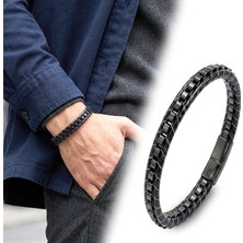 Fm 💎 Premium Siyah Çelik Zincir Örgülü Ve Deri Erkek Bileklik 31834B24D3 - 21 cm