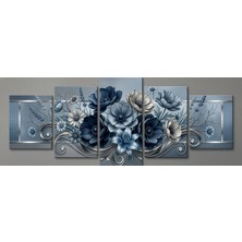 Dünyatablo Gümüş Detaylı Mavi Çiçekler- 5 Parçalı Premium Metal Tablo Seti