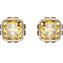 Swarovski Birthstone Düğme Küpe Kare Kesim Kasim Sari Rodyum Kaplama