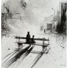 Galeri Mavi Issızlığın Ortasında – Özgün El Yapımı Karakalem Tablo 40X40 cm Siyah Çerçeveli