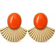 Nergis Collection Turuncu Taşlı Gold Yelpaze Küpe – Büyük Boy Şık Vintage Kadın Küpe