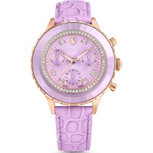 Swarovski Octea Chrono Saat Swiss Made Deri Kayiş Mor Pembe Altin Rengi Kaplama
