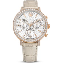 Swarovski Matrix Tennis Chrono Saat Swiss Made Deri Kayiş Bej Pembe Altin Rengi Kaplama