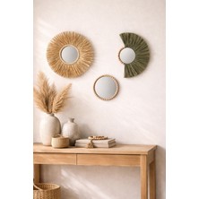 Bohoraff Atelier 3'lü Bohem El Yapımı Rafya ve Ahşap Boncuklu Duvar Süsü Aynalı Set