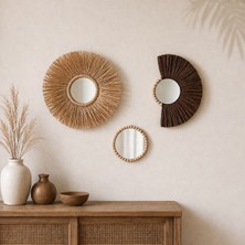 Bohoraff Atelier 3'lü Bohem El Yapımı Rafya ve Ahşap Boncuklu Duvar Süsü Aynalı Set